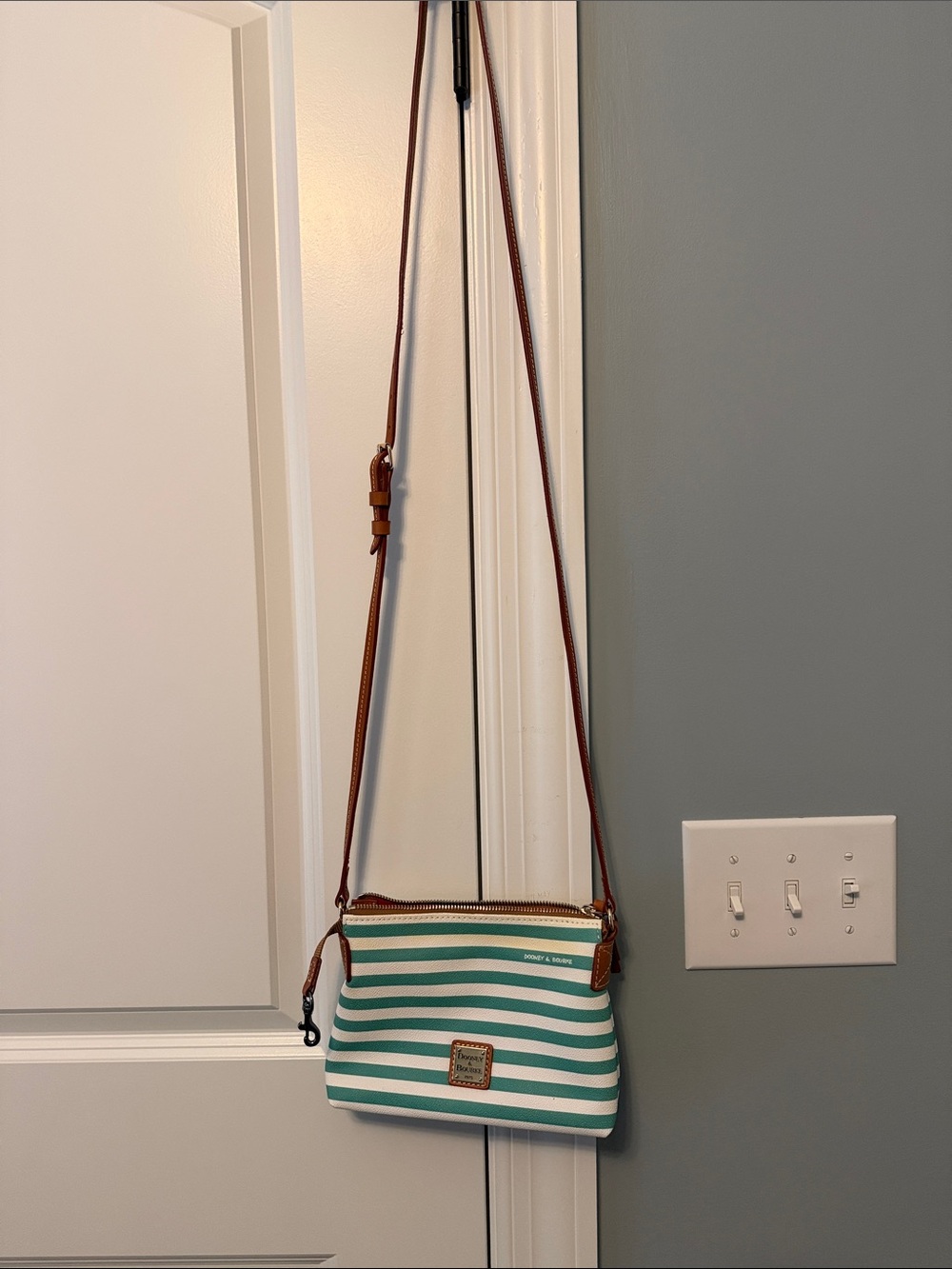 Dooney & Bourke Teal and White Stripe Crossbody with Brown Trim